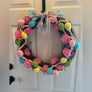 Colorful Easter Wreath with Pink Roses and Eggs